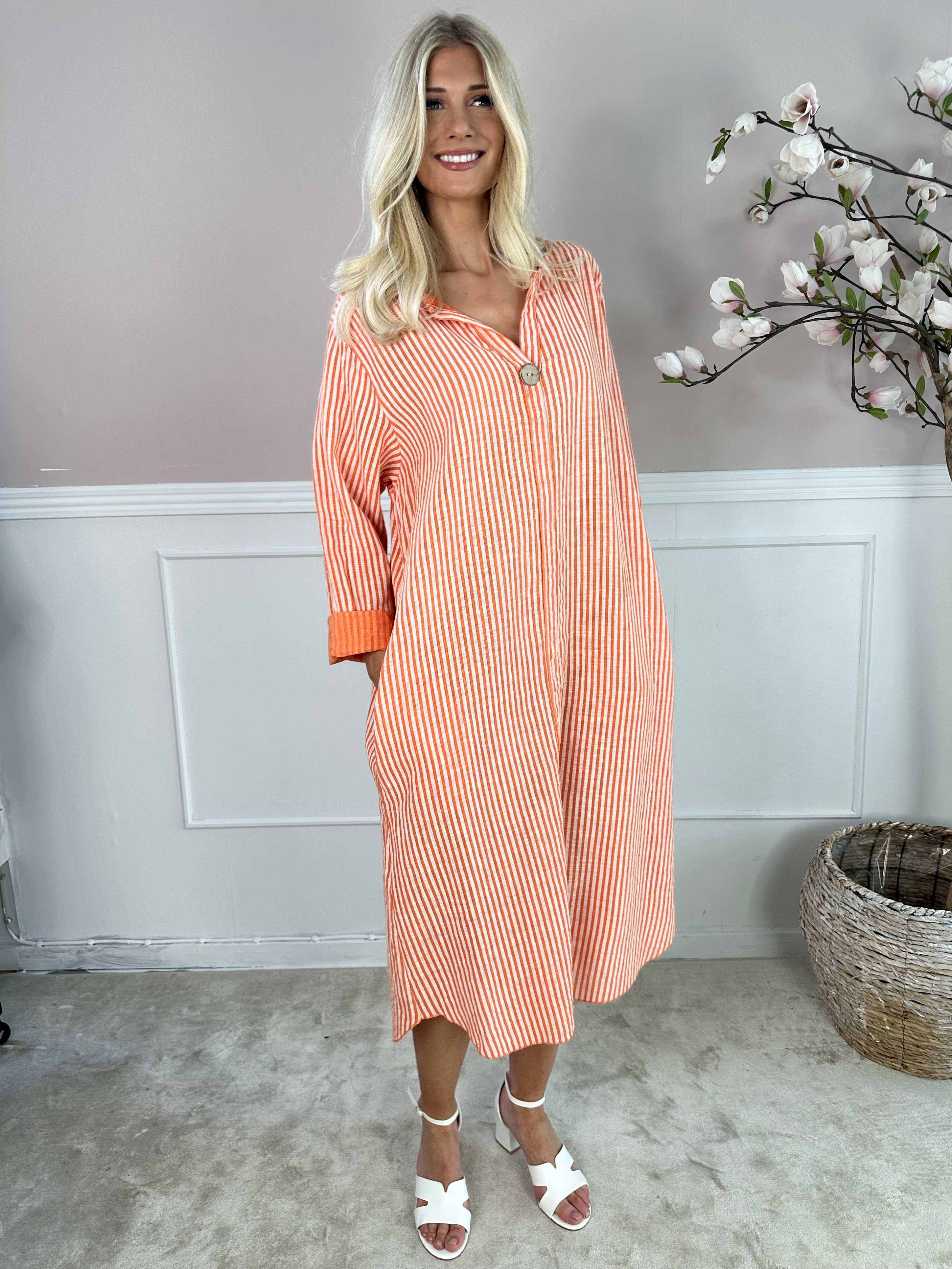 Arizona Stripe - Lang bomuldskjole i hørlignende stof